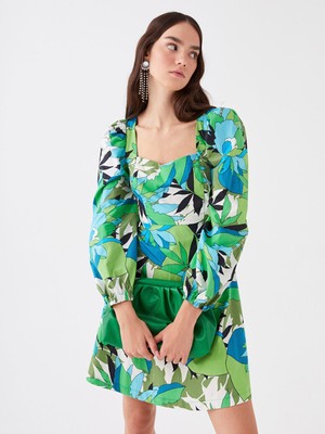 Lc Waikiki Yeni Sezon Kare Yaka Desenli Poplin Elbise