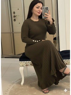 Abba1 Triko Fitilli Bisiklet Yaka Elbise Haki