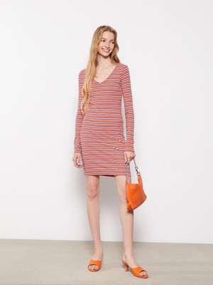 Lc Waikiki Yeni Sezon V Yaka Çizgili Uzun Kollu Kadın Bodycon Elbise