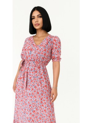 Novis Liora Çiçek Desenli  Yırtmaçlı Elbise - Pembe