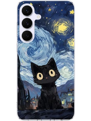 TechTree Samsung Galaxy S25 Fe Uyumlu Gece Yarısı Kedi Tasarımlı Baskılı Silikon Kılıf