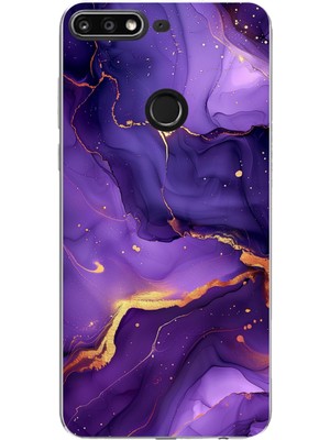 TechTree Huawei Y7 2018 - Honor 7c Uyumlu Ametist Taşı Mor Mermer Baskılı Silikon Kılıf