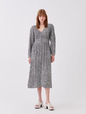 Lc Waikiki Yeni Sezon V Yaka Desenli Uzun Kollu Elbise