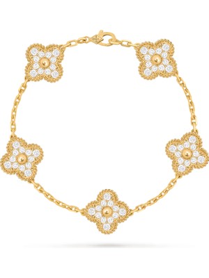 KFS Van Cleef & Arpels Vintage Alhambra Bileklik, 5 Motif Yonca 925 Ayar Sarı Gümüş, 60 Adet Zirkon Işlemeli