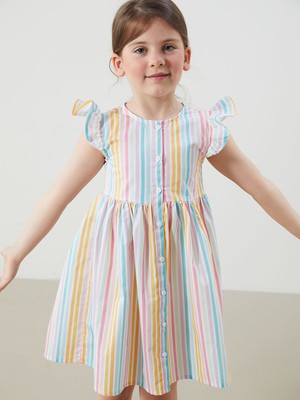 Lc Waikiki Yeni Sezon Önden Düğmeli Çizgili Kız Çocuk Poplin Elbise