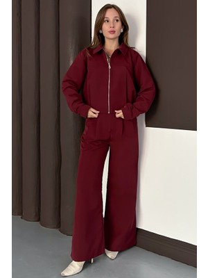 Zerenyus Fermuar Kapamalı Bol Paça Alt Üst Trenç Takım Bordo