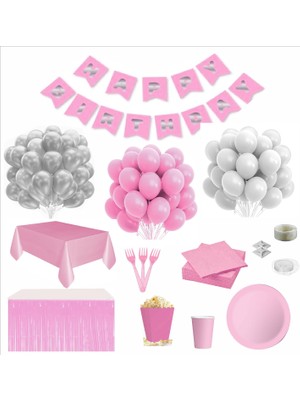 Zenviva Sofra Setli Pembe Beyaz 16 Kişilik Doğum Günü Seti