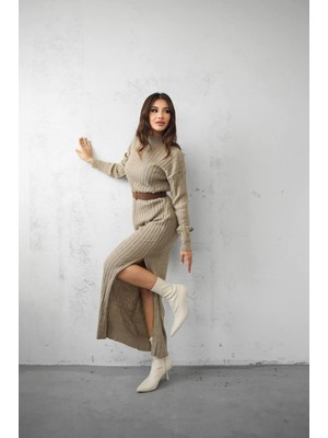 My Jest Fashion Triko Maxi Boy Kemer Detaylı Elbise