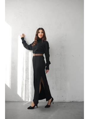 My Jest Fashion Triko Maxi Boy Kemer Detaylı Elbise