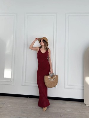 Velmora Fashion Örgülü Uzun Triko Elbise - Bordo -Vlmr