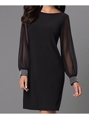 Bosel Kadın Uzun Kollu Bisiklet Yaka Kollar Tül Manşet Taş Işlemeli Krep Elbise