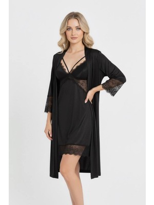 Cherry Queen Kadın Siyah Dantel Detaylı Premium Gecelik & Sabahlık Takımı – Özel Kutulu
