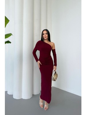 Mezka Kadın Drapeli Uzun Kollu Tek Omuz Detaylı Elbise