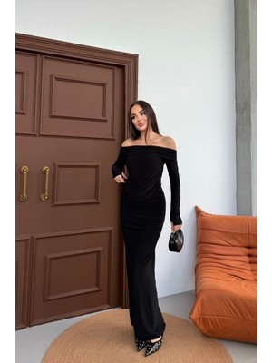 Mezka Kadın Drapeli Uzun Kollu Modonna Yaka Parmak Geçirmeli Büzgülü Detaylı Elbise