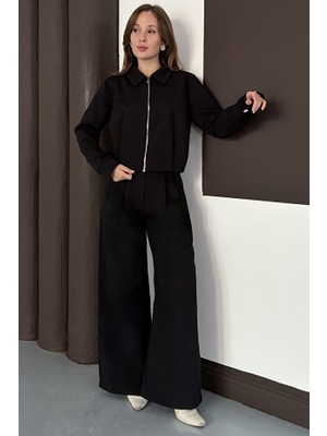 Zerenyus Fermuar Kapamalı Bol Paça Alt Üst Trenç Takım Siyah