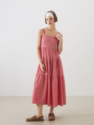 Lc Waikiki Yeni Sezon Kare Yaka Ekose Askılı Gofre Elbise