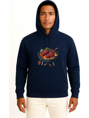 Bahriyeli Collection Kapüşonlu Izgara Üstünde Biftek Mangal Göğüs Baskılı Unisex Sweatshirt