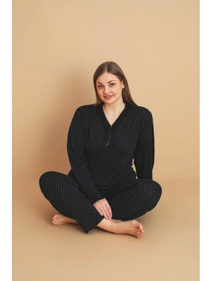 Temporium Kadın Büyük Beden Desenli Yakası Düğmeli Uzun Kollu Bambu Pijama Takımı