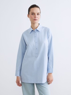 Lc Waikiki Yeni Sezon Gömlek Yaka Çizgili Poplin Kadın Tunik