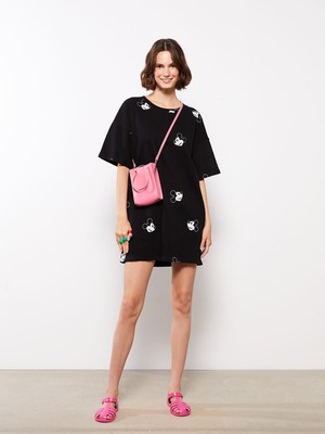 Lc Waikiki Yeni Sezon Bisiklet Yaka Mickey Mouse Baskılı Kısa Kollu Pamuklu Kadın Elbise