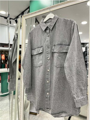 Meram Butik Adn Boncuklu Kot Gömlek - Gri - 2