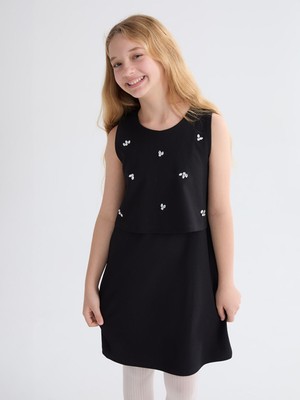 Lc Waikiki Yeni Sezon Bisiklet Yaka Taşlı Kız Çocuk Elbise