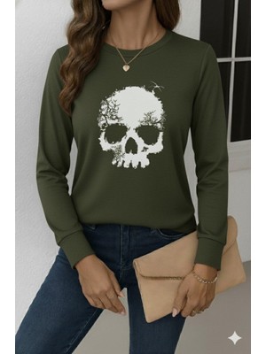 Aisha Elbise Kadın Uzun Kollu Bisiklet Yaka Kurukafa Desenli Viskon Bluz