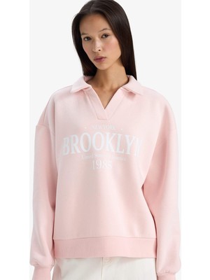 DeFacto Relax Fit Polo Yaka Baskılı Kalın Sweatshirt G6412AX25WN