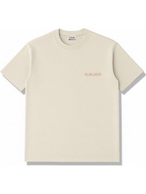 Tesbihane Kişiye Özel Nakışlı Yakası Biyeli Kısa Kollu Bisiklet Yaka Premium Krem Rengi Oversize Tişört L