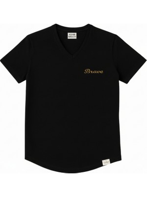 Tesbihane Kişiye Özel Nakışlı Yakası Biyeli Kısa Kollu V Yaka Premium Siyah Tişört L