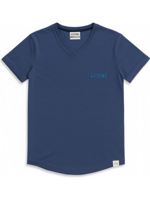 Tesbihane Kişiye Özel Nakışlı Yakası Biyeli Kısa Kollu V Yaka Premium Indigo Mavisi Tişört L