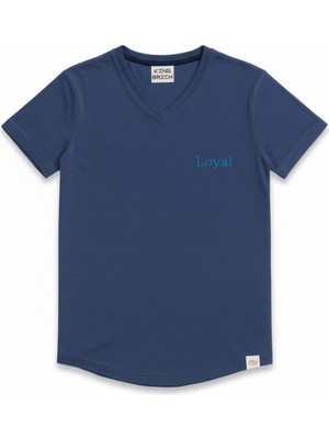 Tesbihane Kişiye Özel Nakışlı Yakası Biyeli Kısa Kollu V Yaka Premium Indigo Mavisi Tişört S