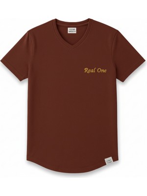 Tesbihane Kişiye Özel Nakışlı Yakası Biyeli Kısa Kollu V Yaka Premium Kahverengi Tişört S