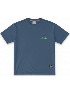 Tesbihane Kişiye Özel Nakışlı Yakası Biyeli Kısa Kollu Bisiklet Yaka Premium Indigo Mavisi Tişört 2xl