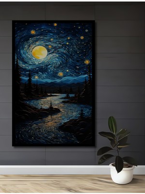 Teona Ahşap Çerçeve Görünümlü Yıldızlı Gece Manzara Ahşap Mdf Dekoratif Ev Duvar Tablo Dikdörtgen Ev Duvar Tablo