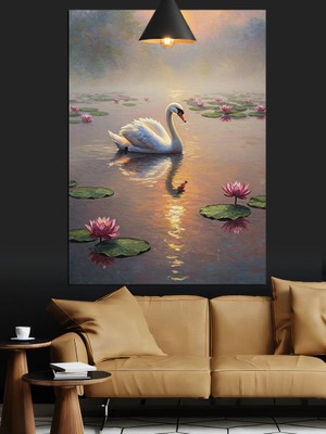 Karizma Tablo Kuğu Gölde Gün Batımı Pembe Lotus Nilüfer  Dekoratif Kanvas - Mdf Ahşap Tablo