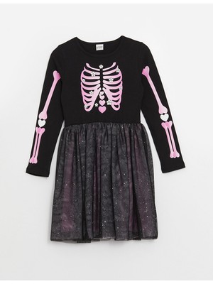 Lc Waikiki Yeni Sezon Bisiklet Yaka Baskılı Uzun Kollu Kız Çocuk Elbise