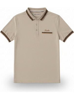 Tesbihane Kişiye Özel Nakışlı Cep Yaka Garnili Kısa Kollu Ribana Yaka Premium Krem Rengi Tişört L