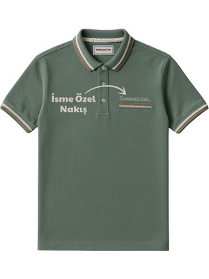 Tesbihane Kişiye Özel Nakışlı Cep Yaka Garnili Kısa Kollu Ribana Yaka Premium Yeşil Tişört M