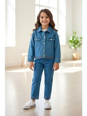 Miniğimin Cicileri Lazer Kesim Çiçek Desenli Denim Kız Çocuk 2 Li takım - Mavi