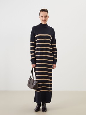 Lc Waikiki Yeni Sezon Dik Yaka Çizgili Triko Elbise