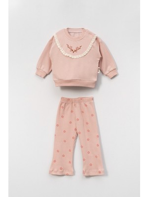 Noble Kids Dantel ve Nakış Detaylı Kız Bebek Takımı – Sweatshirt & Tayt Alt