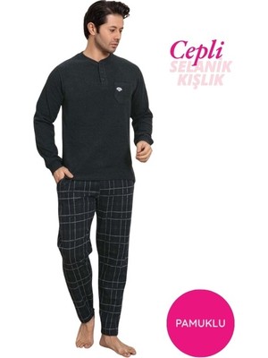 Guava Erkek Koyu Yeşil 3 Düğmeli Göğüs Cepli Kışlık Pamuklu Selanik Kumaş Uzun Manşetli Kol Cepli Pijama Takım