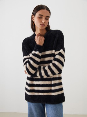 Lc Waikiki Yeni Sezon Bisiklet Yaka Çizgili Kadın Triko Tunik