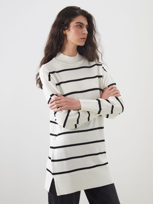 Lc Waikiki Yeni Sezon Dik Yaka Çizgili Kadın Triko Tunik