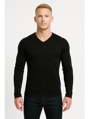 Axxel Erkek Siyah Pamuklu Likralı Süprem Uzun Kollu T-SHIRT-D236