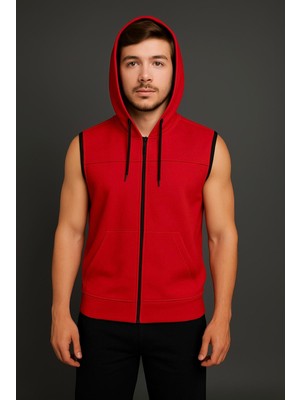 Axxel Erkek Kırmızı Fermuarlı Kapüşonlu Kanguru Cepli Kolsuz Interlok YELEK-Y1142