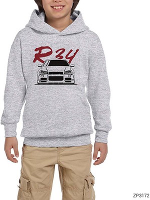 Zepplin Giyim Nissan Skyline R34 Gri Çocuk Kapşonlu Sweatshirt