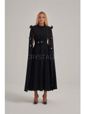 Crystalia Inci ve Taş Işlemeli Çiçek Detaylı Siyah Krep Elbise