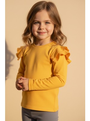 Parla Kids Kız Çocuk Hardal Omuz Fırfırlı Bisiklet Yaka Body Sweatshirt 23 Nisan Gösteri Kıyafeti
